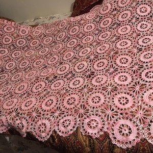 Hand crocheted pink cotton tablecloth 48”x72”